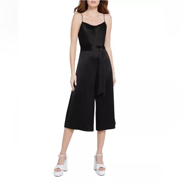 Alice + Olivia Harmon Cropped Belted Wide Leg Gaucho Satin Jumpsuit Black Size 2 - Picture 3 of 15